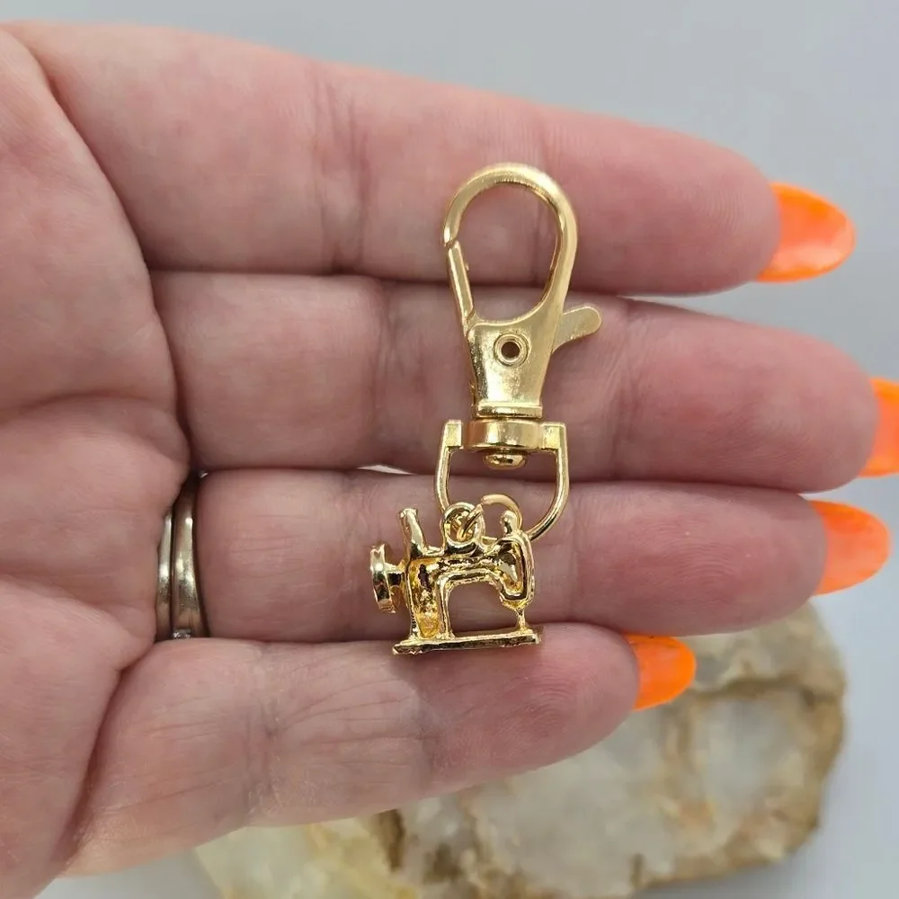 Sewing Machine Keychain | Gold White Enamel Rhinestone Clip NWT Retro Chic Gift